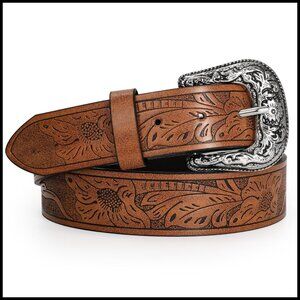 Western PU Leather Belt Adjustable Floral Buckle Vintage Cowboy Cowgirl Style